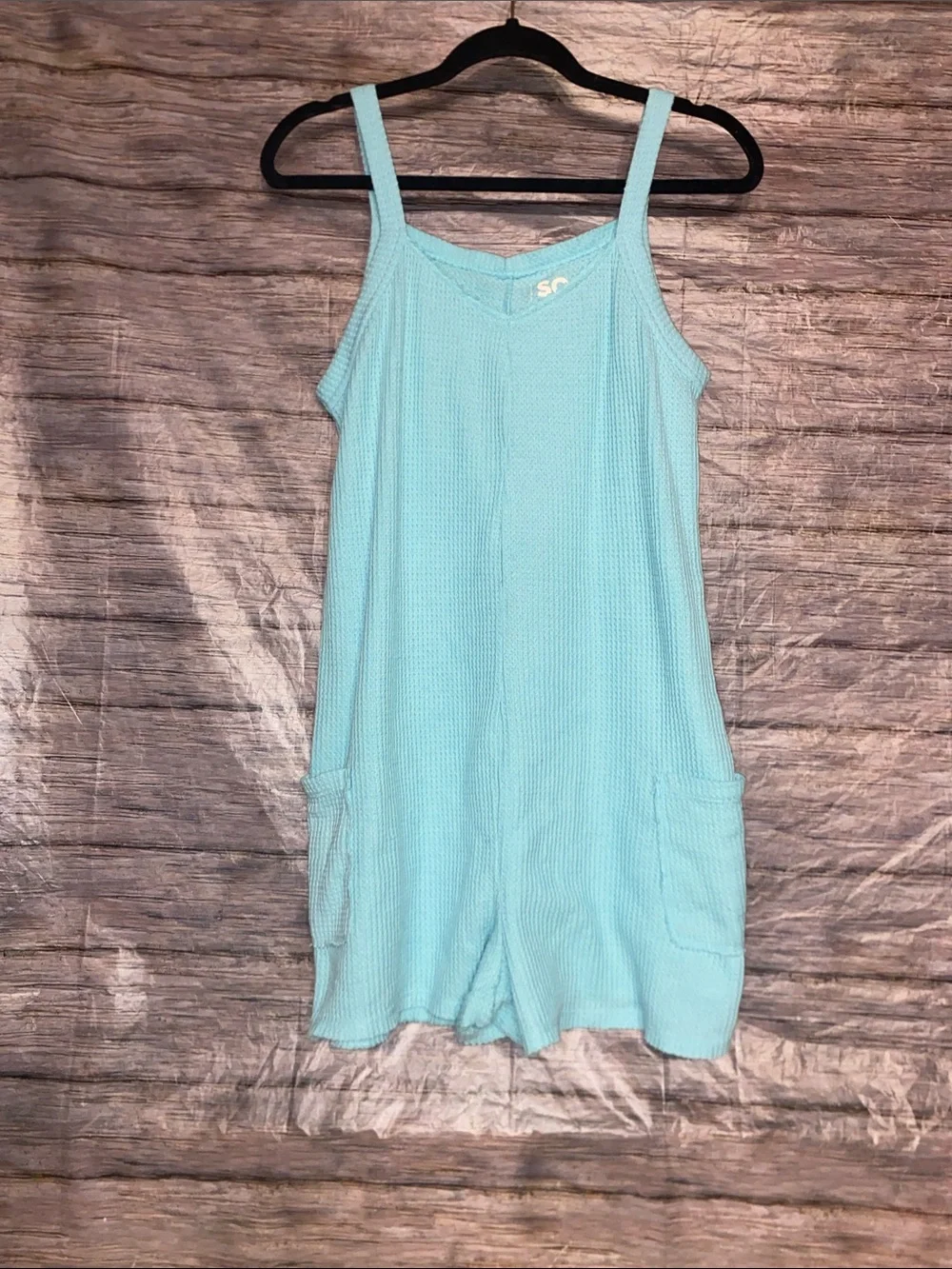So Aqua Blue Waffle Knit Girls Romper